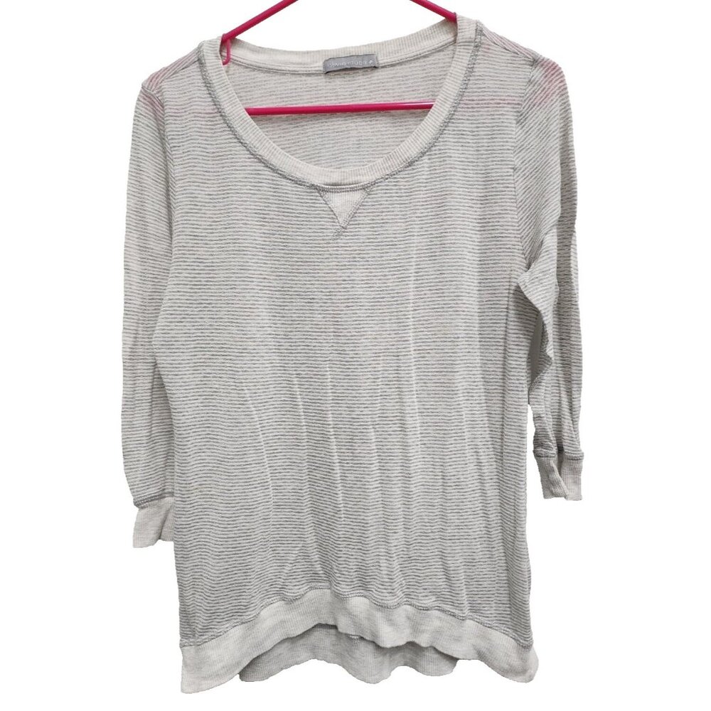 Olivia Moon Womens BOHO Top Large White Gray Striped‎ 3/4 Sleeve Casual